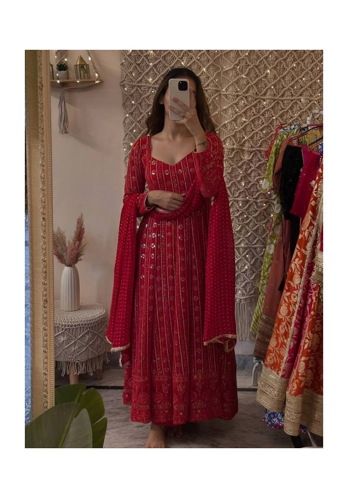 Malishka Export Red Anarkali Gown With Dupatta for Women - Image 1